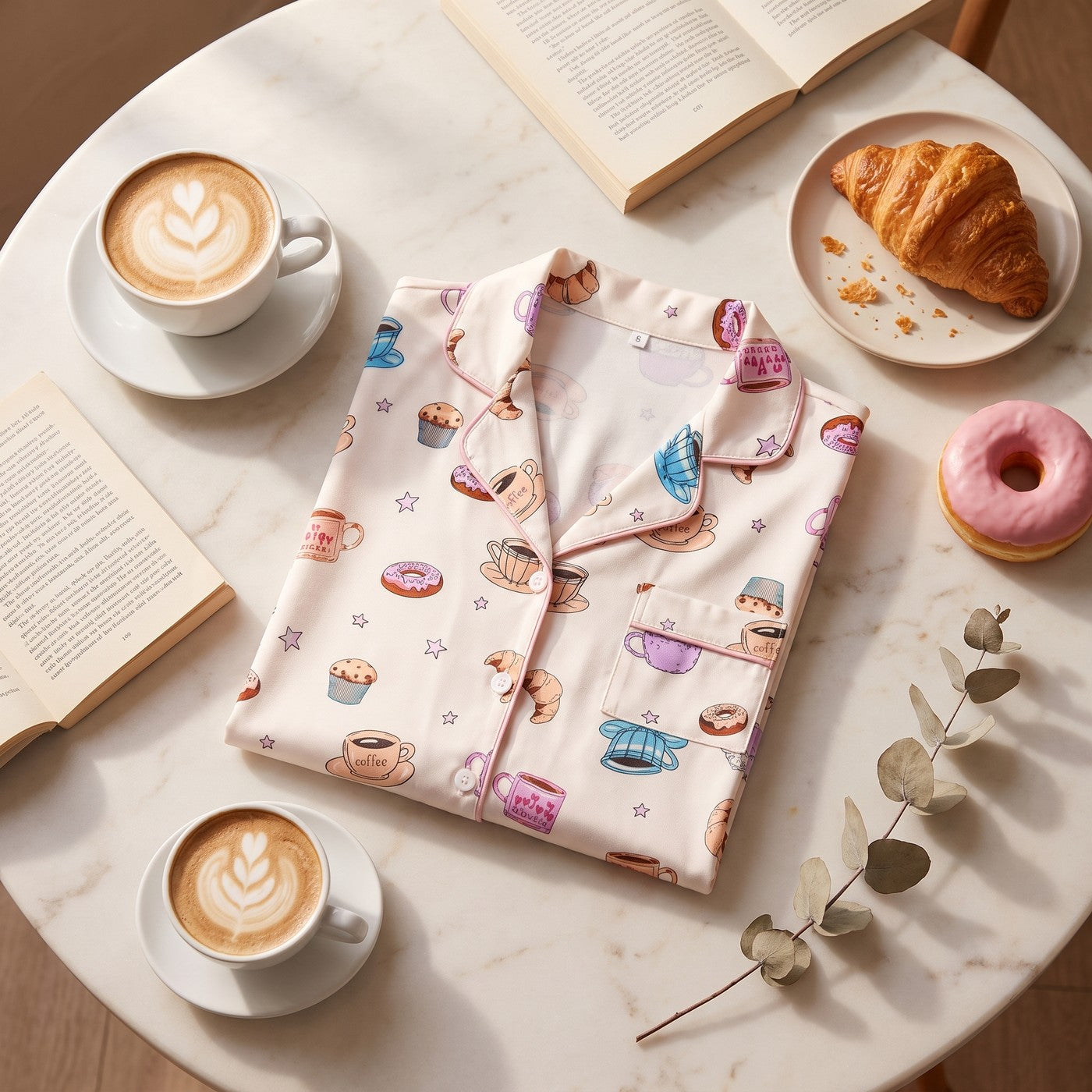 Close-up of the Café Cozy print folded on a marble café table with a latte and croissant