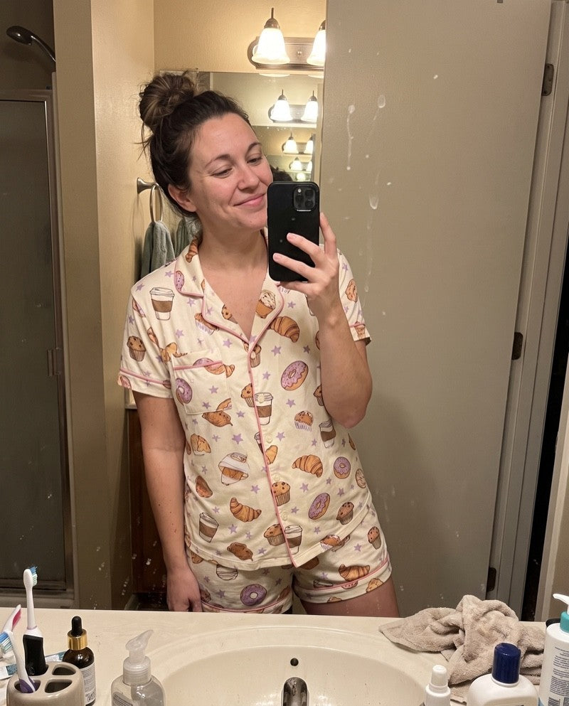 Review photo from Maddie K. wearing the Café Cozy Pajama Set