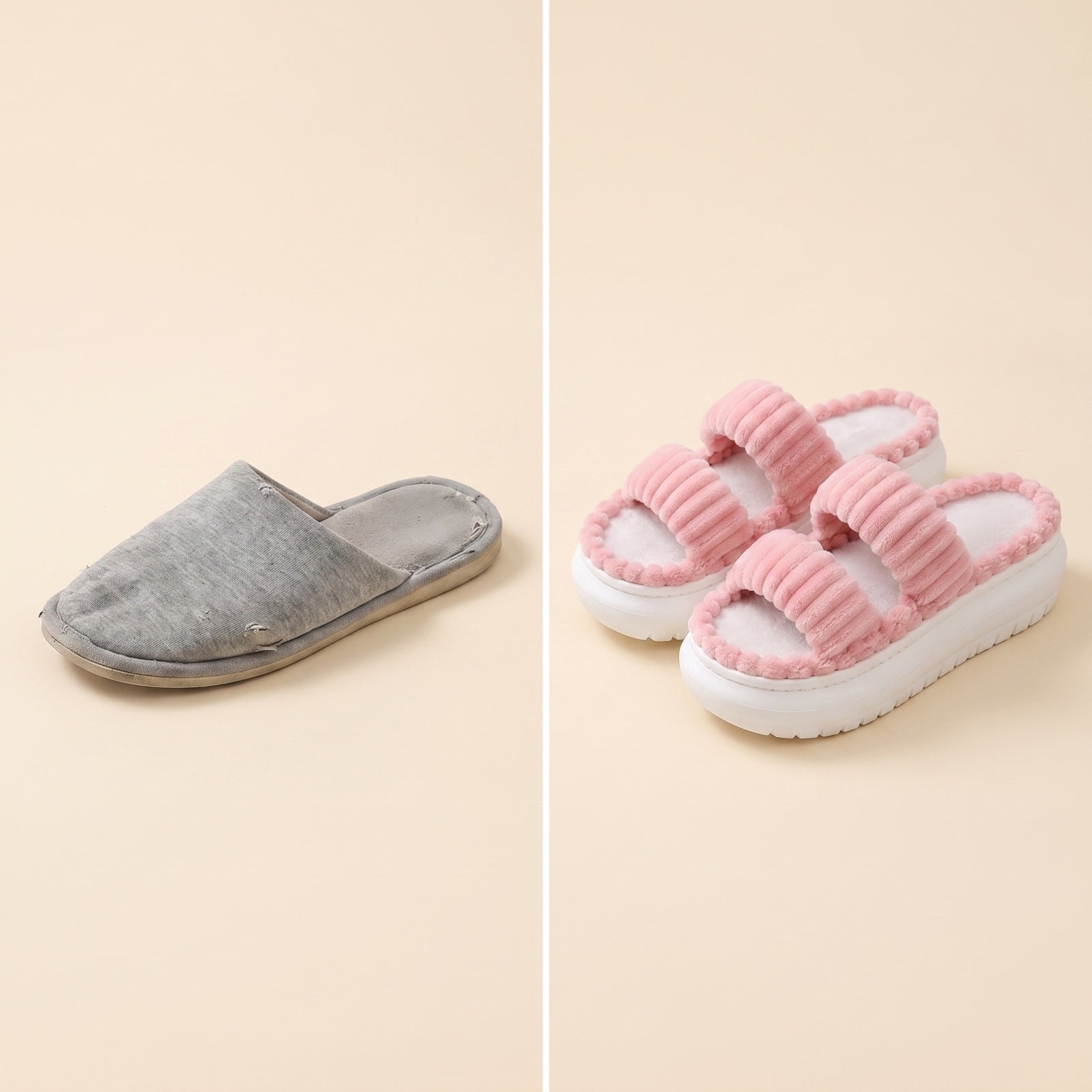 Old flat slipper compared to the thick cushioned Cozy Cloud Slipper