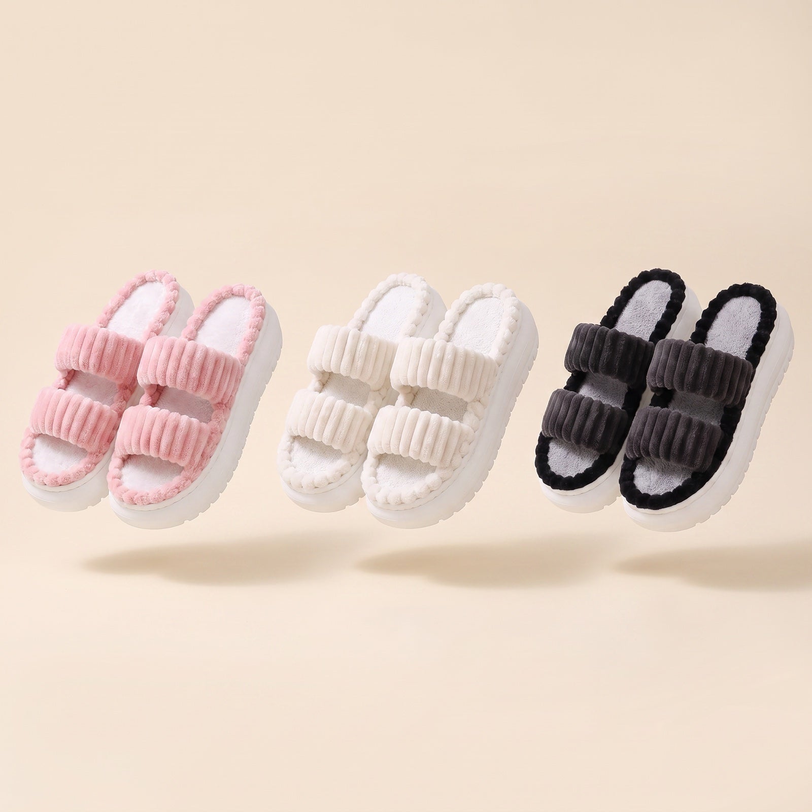 Cozy Cloud Slippers shown in pink, white and black
