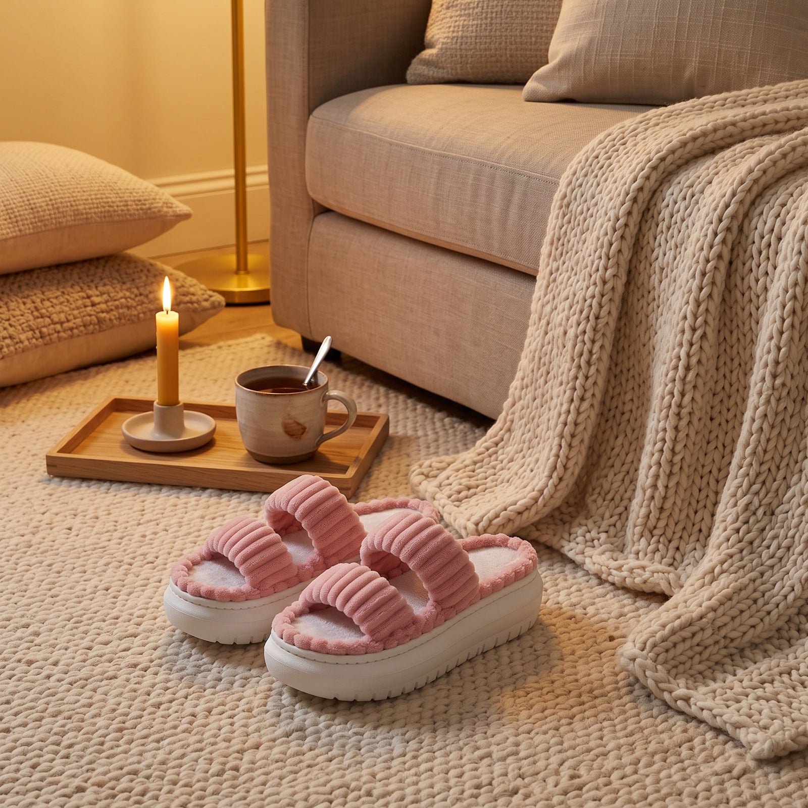 Cozy Cloud Slippers beside a sofa with a candle and tea