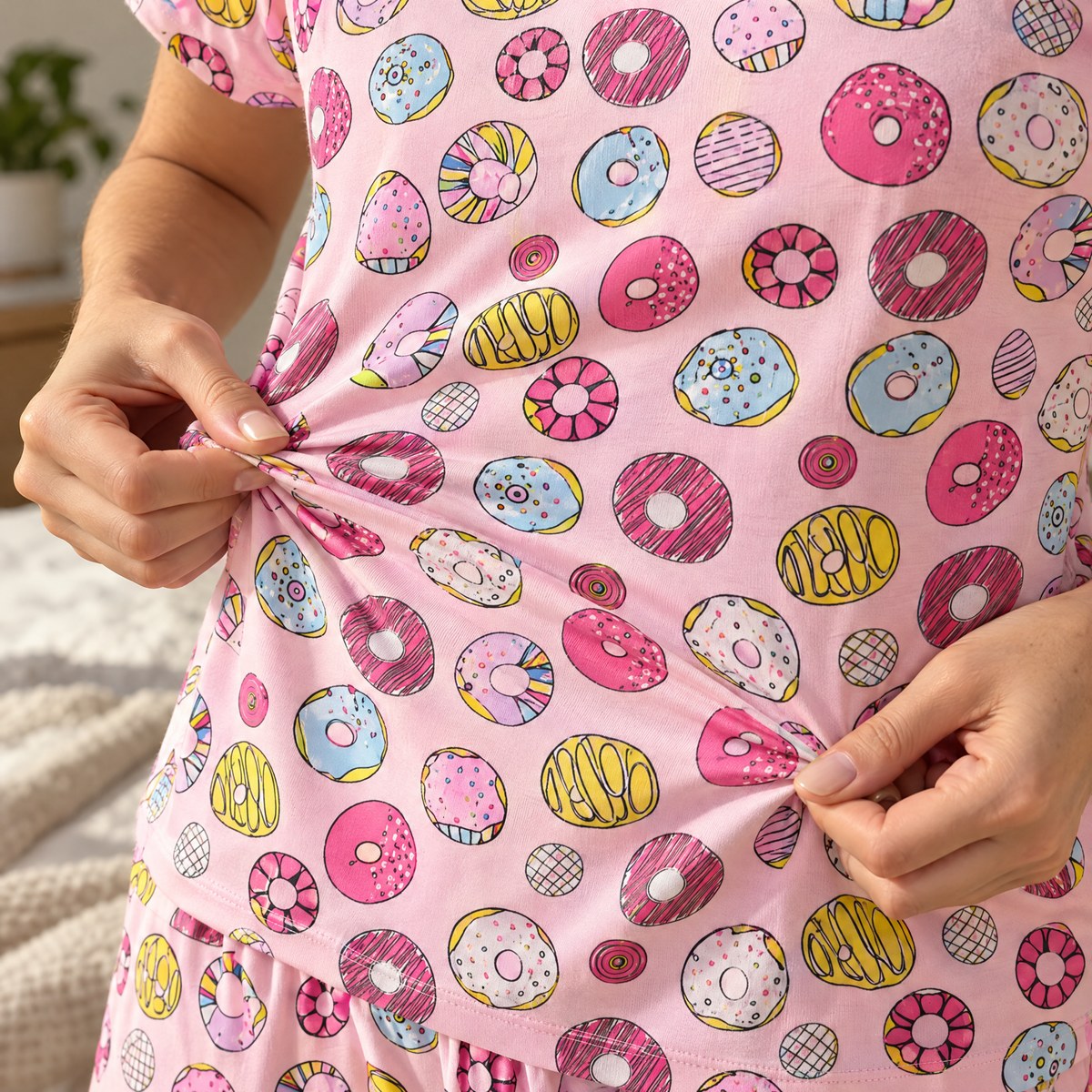 Hands stretching the soft knit fabric of the Donut Delight pajama set