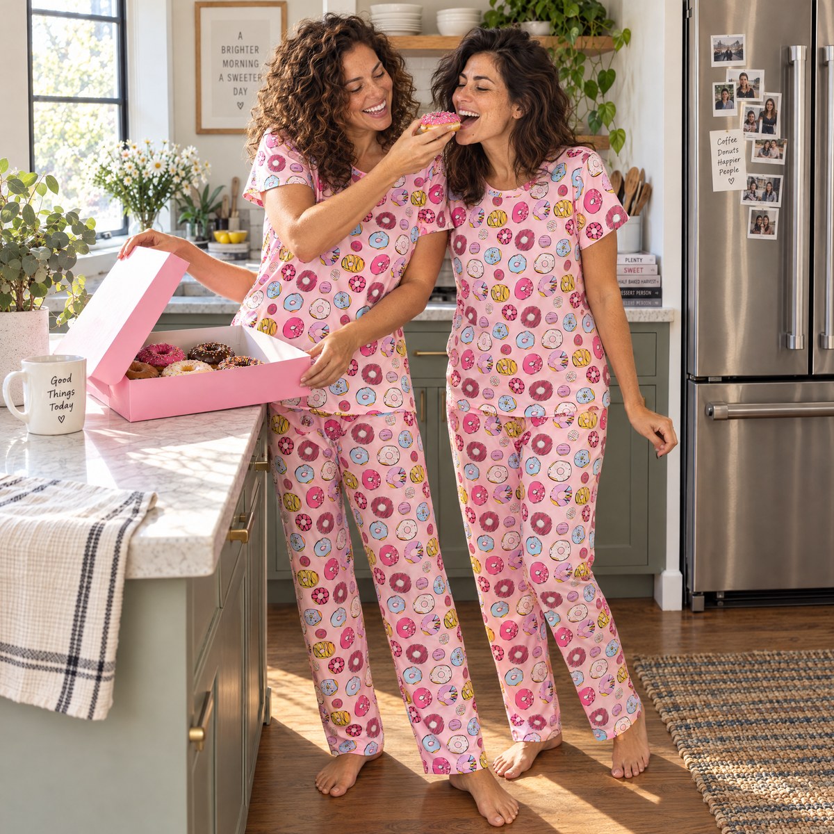 Two friends in matching Donut Delight pajama sets sharing a box of donuts