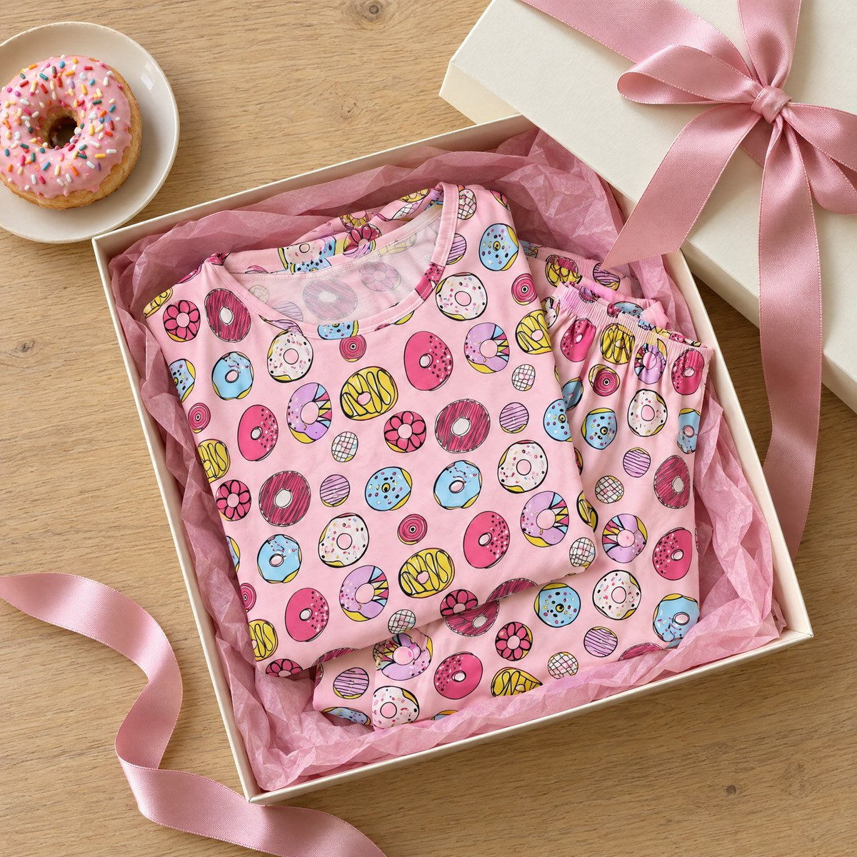 Donut Delight pajama set folded in a cream gift box with pink tissue and ribbon