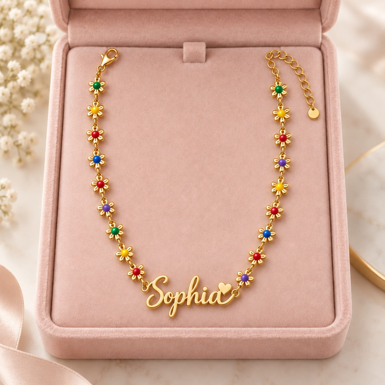 Flower name necklace with the name Sophia, presented open in a pink gift box