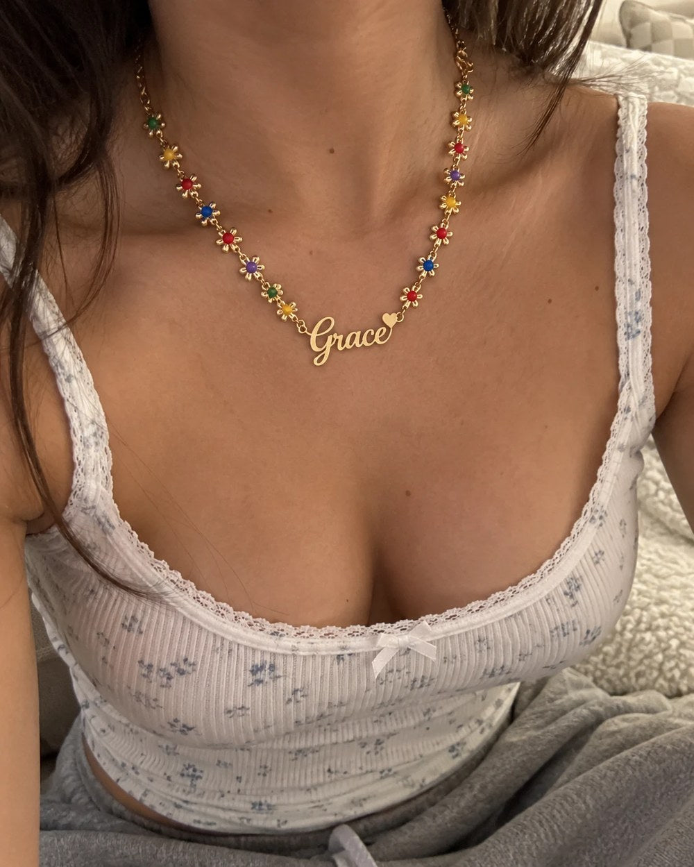 Customer photo — gold flower name necklace with the name Grace