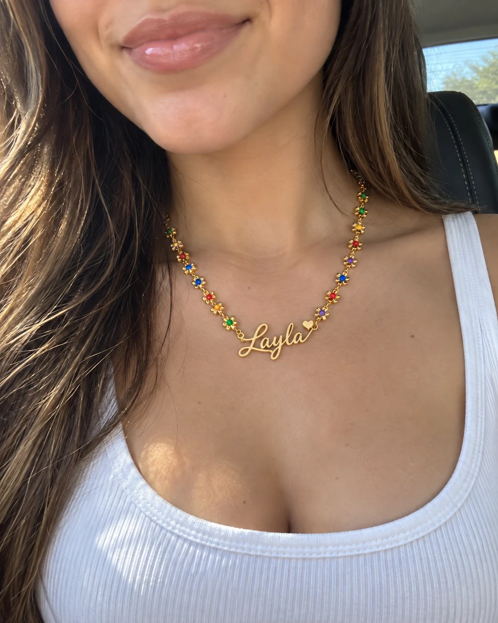 Customer photo — gold flower name necklace with the name Layla