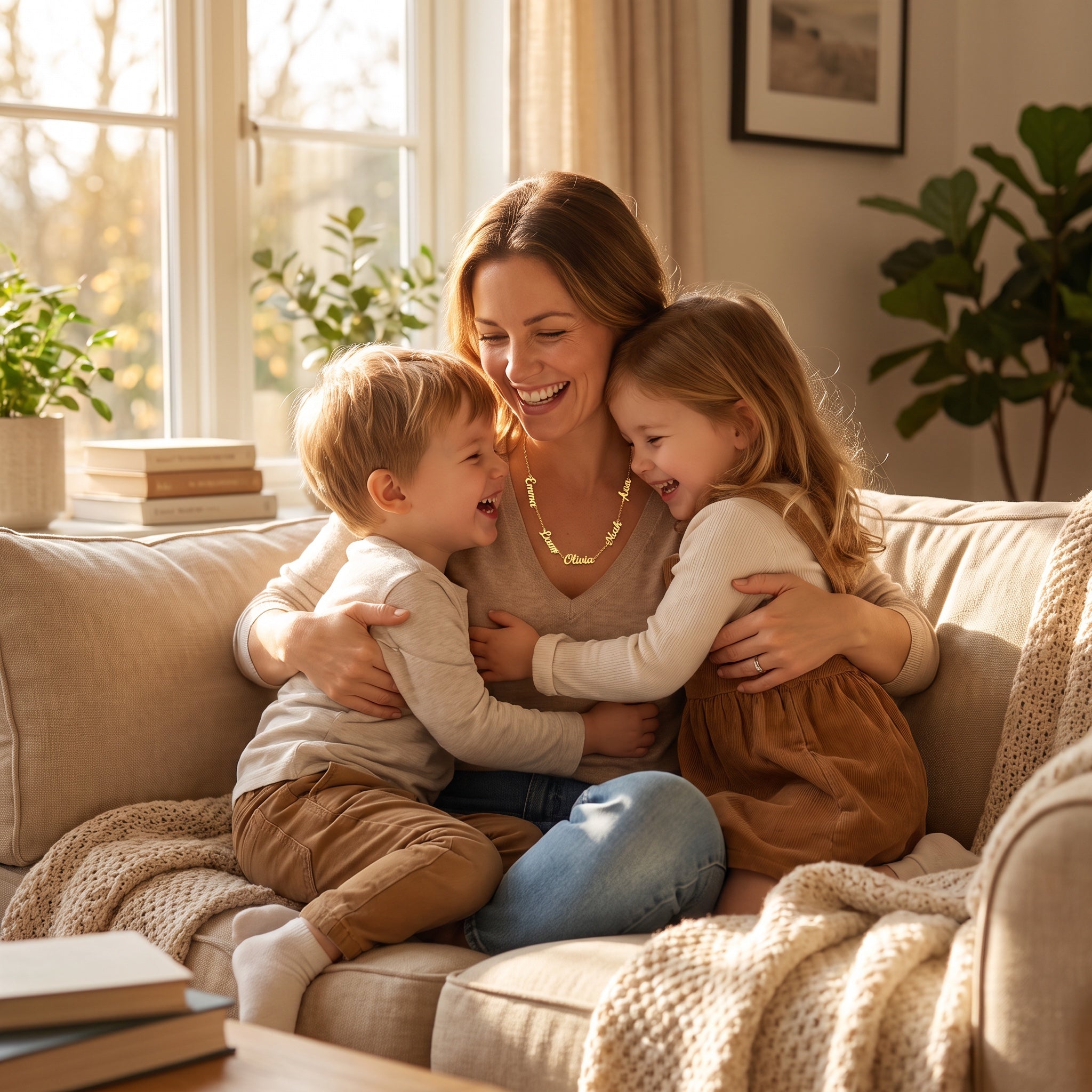 Mom hugging her kids while wearing the personalized family necklace with their names in gold