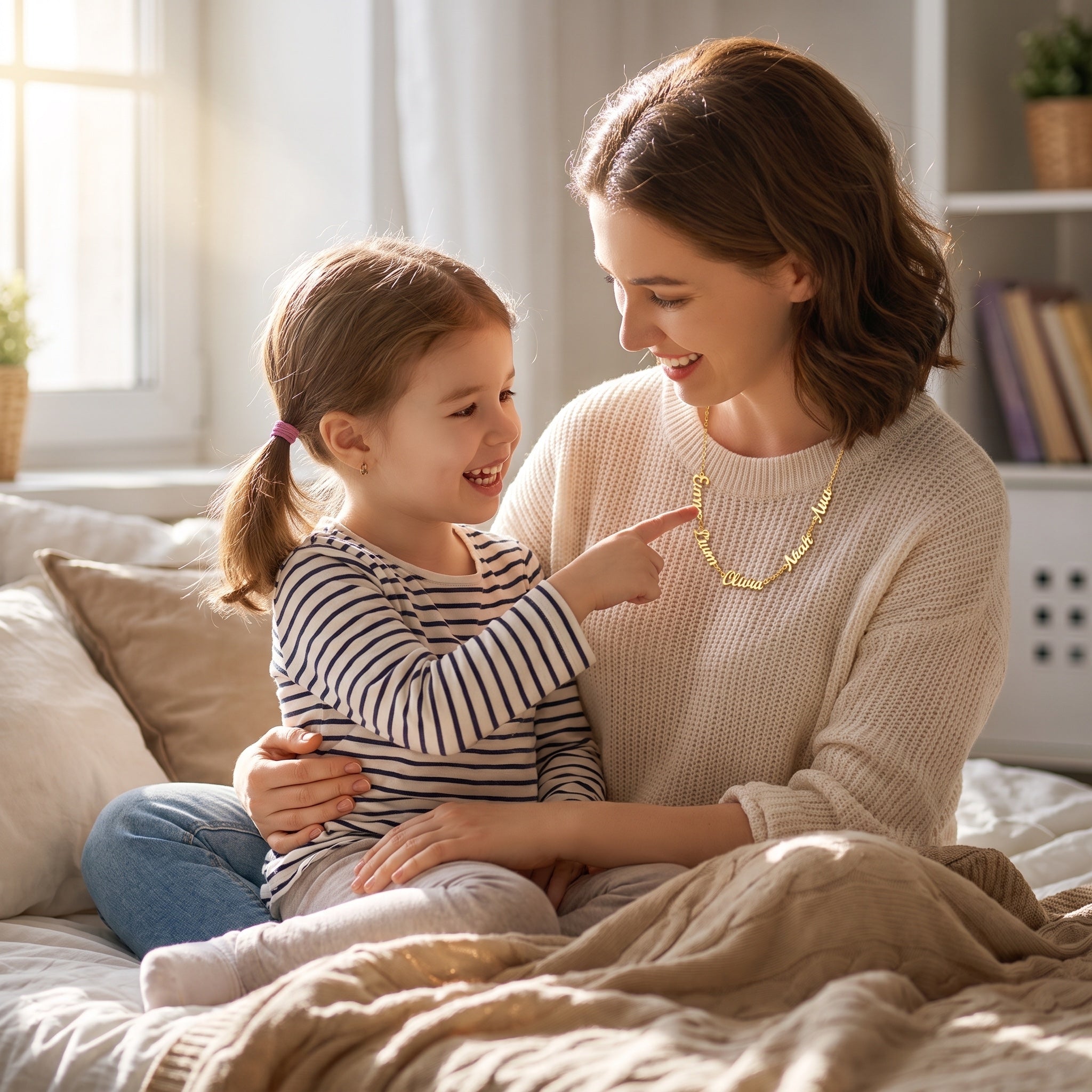 Little girl pointing at her own name on her mom's personalized family necklace