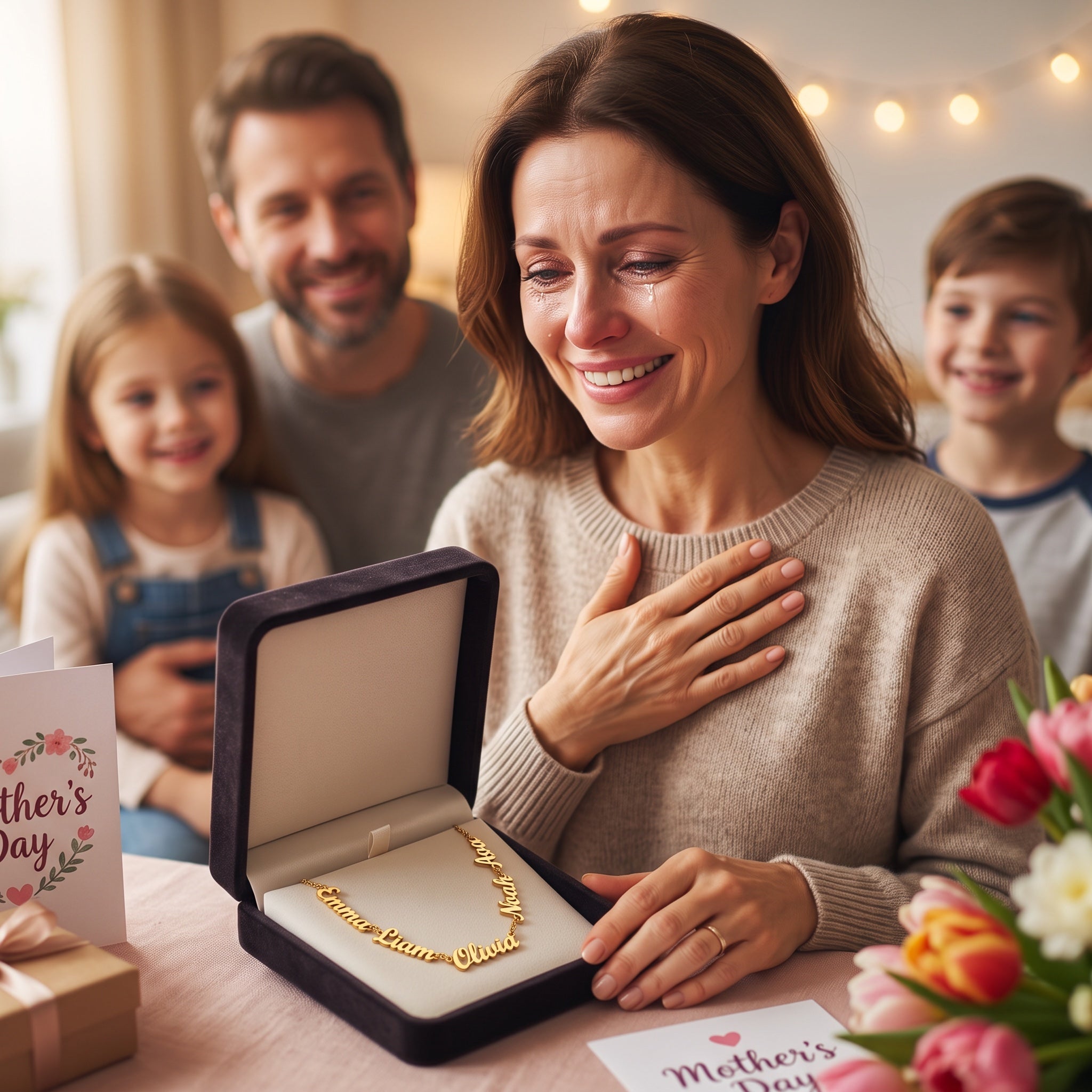 Mom tearing up as she opens a gift box with a personalized family name necklace