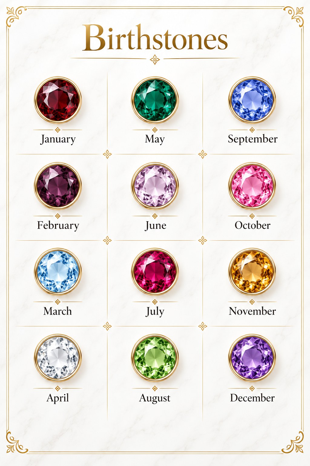 Birthstone guide — January garnet, February amethyst, March aquamarine, April diamond, May emerald, June alexandrite, July ruby, August peridot, September sapphire, October pink tourmaline, November citrine, December blue topaz