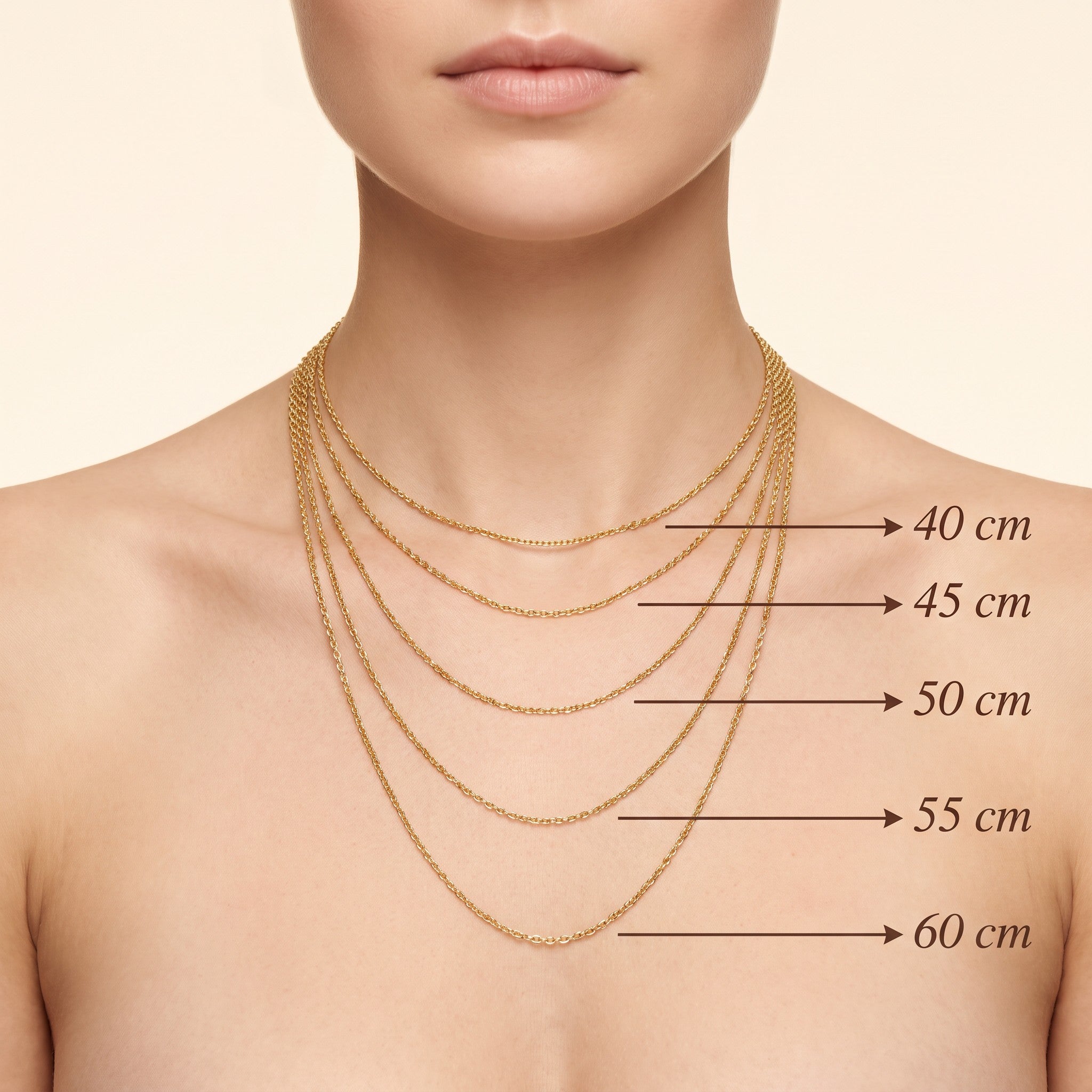 Necklace length guide — 40cm at the base of the neck, 45cm at the collarbone, 50cm on the upper chest, 55cm just above the bustline, 60cm at the breastbone