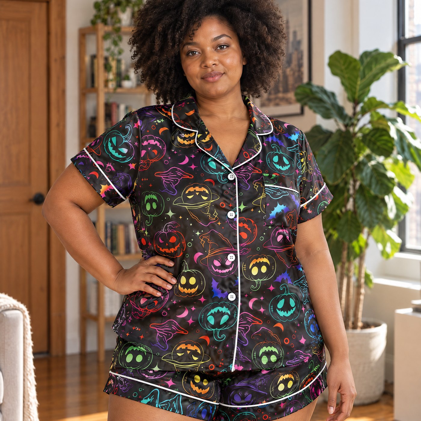 Close-up of the silky satin, white piping and chest pocket on the Spooky Neon set