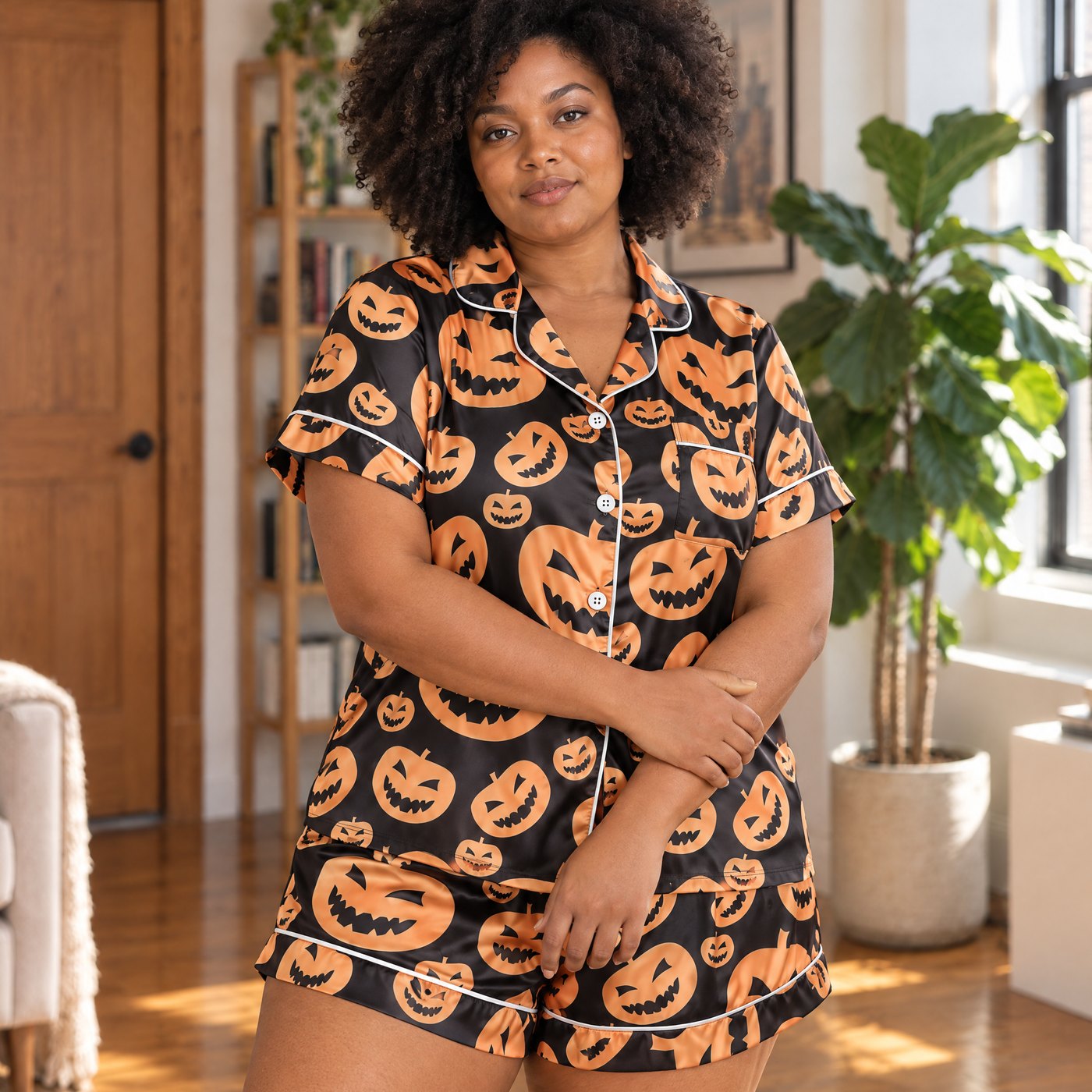 Woman wearing the Pumpkin Night set with orange jack-o'-lanterns and white piping