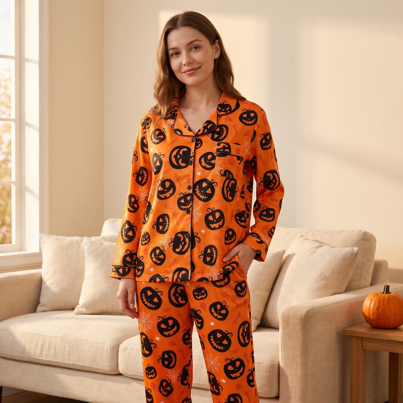 Relaxed fit of the Pumpkin Dreams pajama set in a warm living room