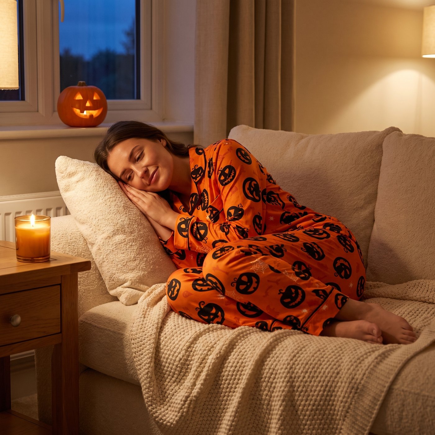 Woman curled up on the sofa by candlelight in the Pumpkin Dreams pajama set