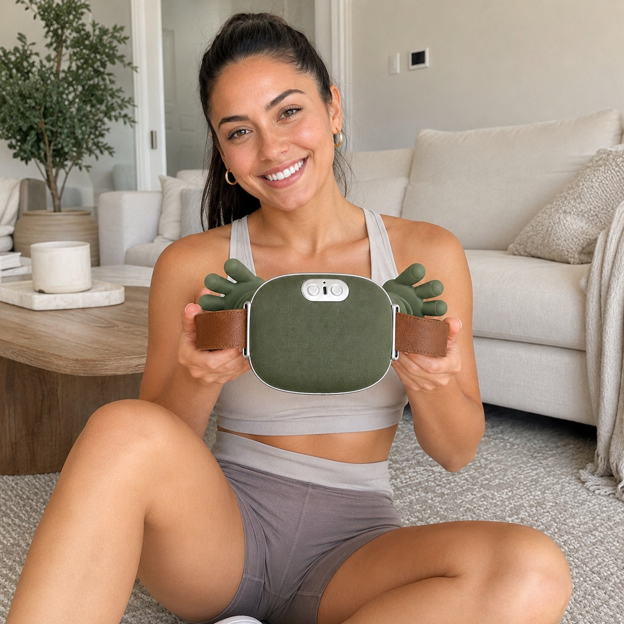 Holding the KneadFlow massager with its adjustable straps