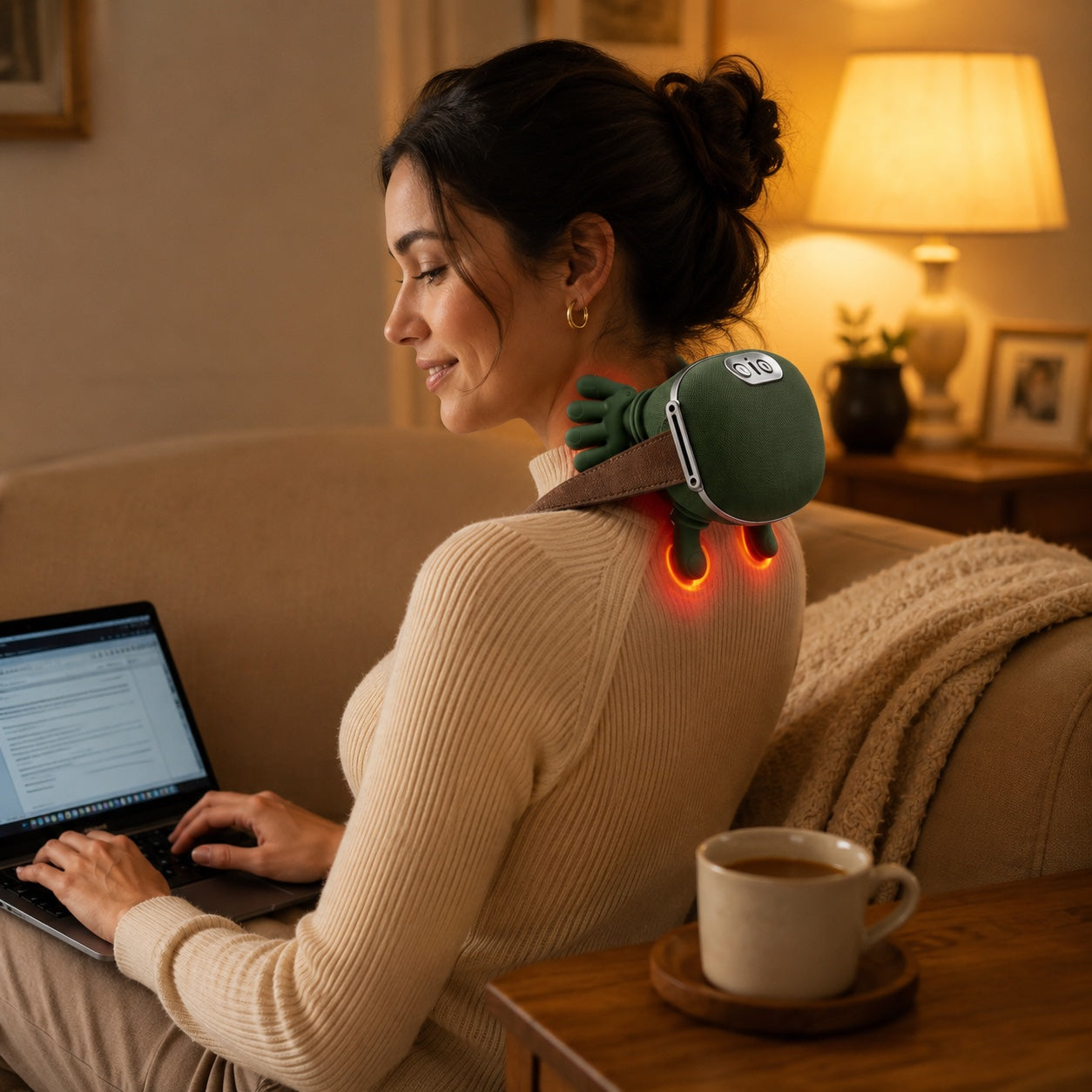 Woman working on her laptop in a warm evening living room with KneadFlow on her neck