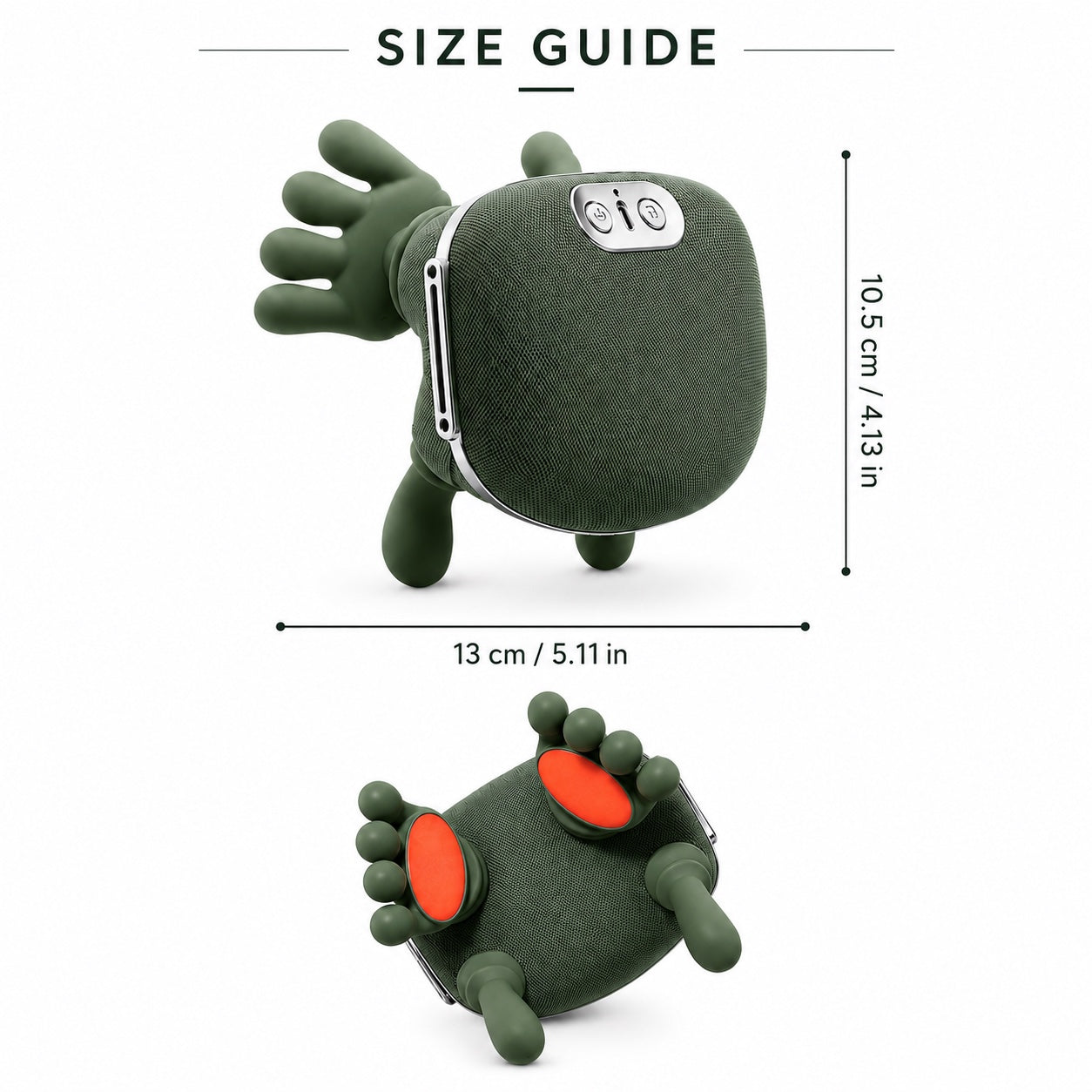 KneadFlow size guide — 13 cm / 5.11 in wide, 10.5 cm / 4.13 in tall