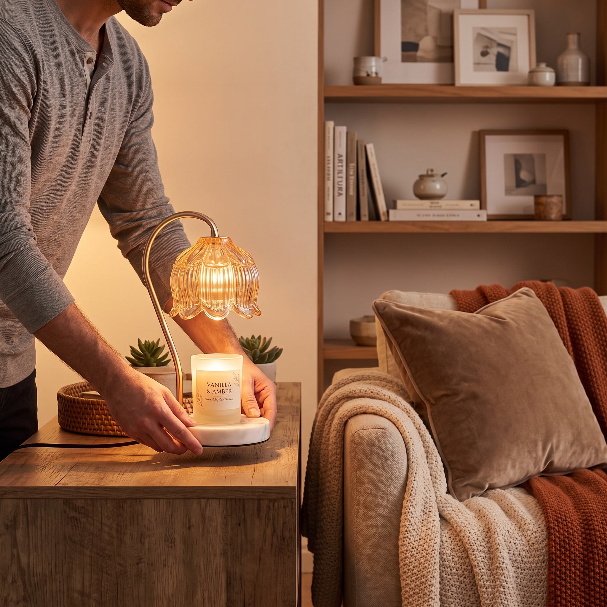 Man placing the Marble Bloom candle warmer on a living room console