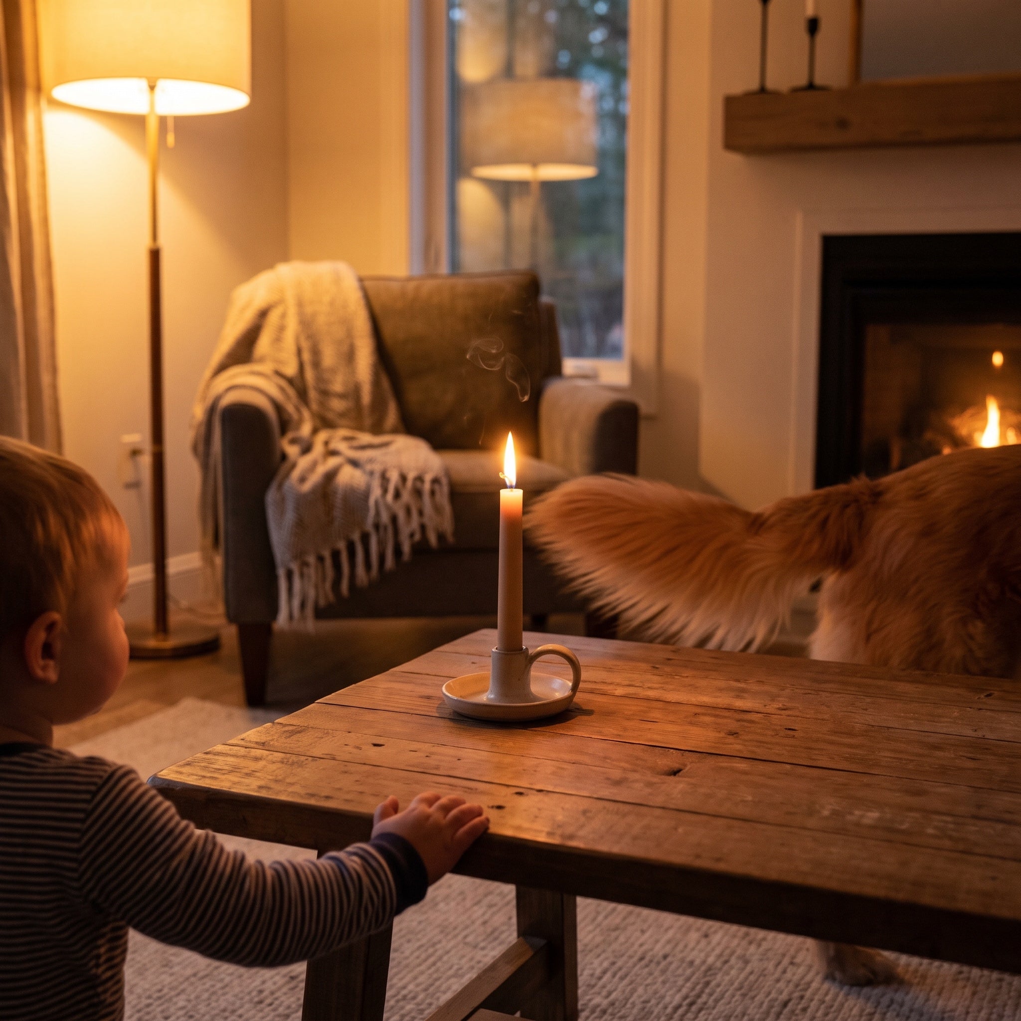 Lit candle with an open flame within reach of a toddler and a dog in the living room