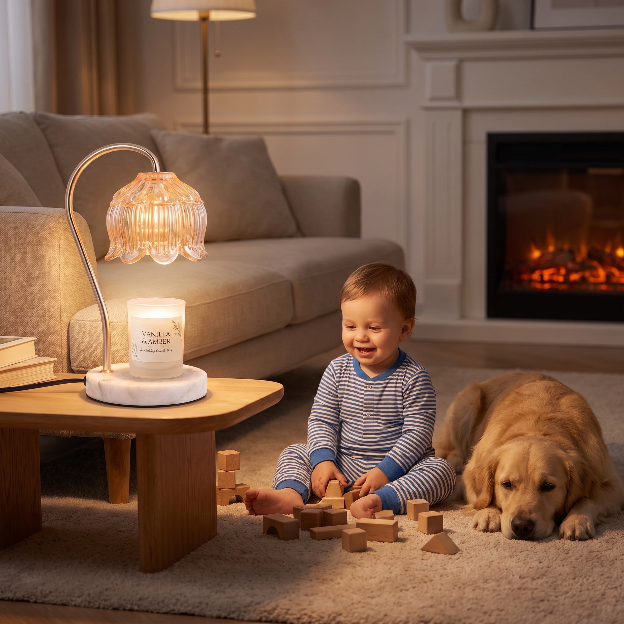Marble Bloom candle warmer glowing safely beside a playing toddler and a relaxed dog