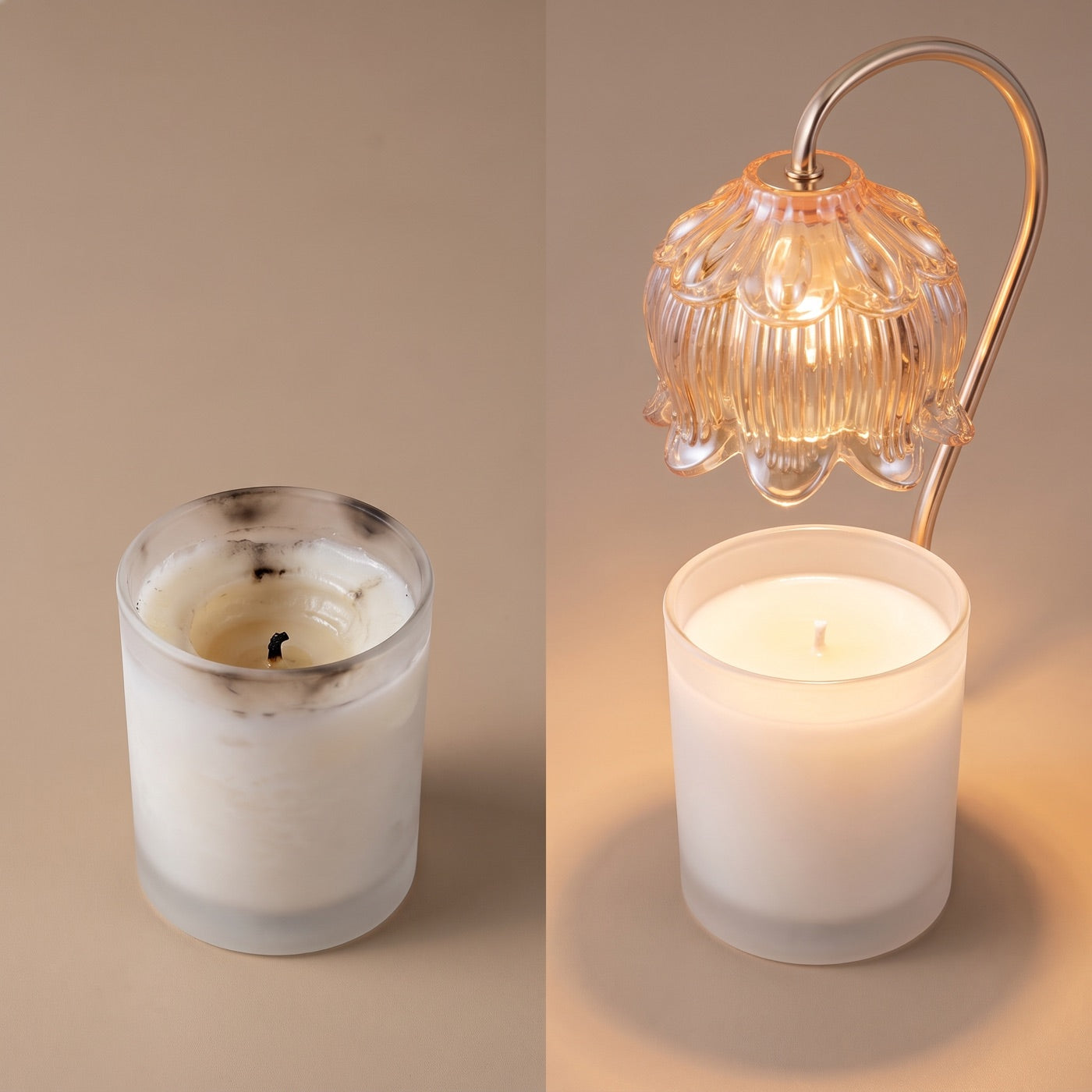 Comparison of a tunneled sooty burned candle versus an evenly melted candle from the warmer lamp