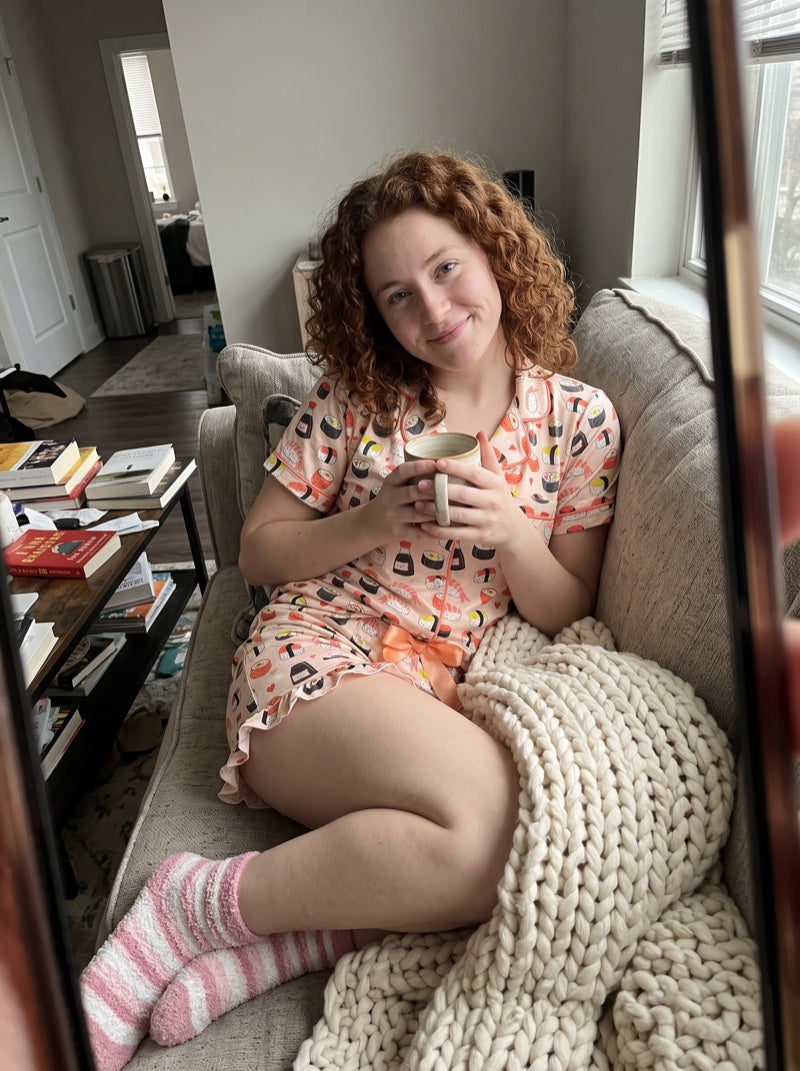 Review photo from Sarah M. wearing the Miso Cozy sushi pajama set