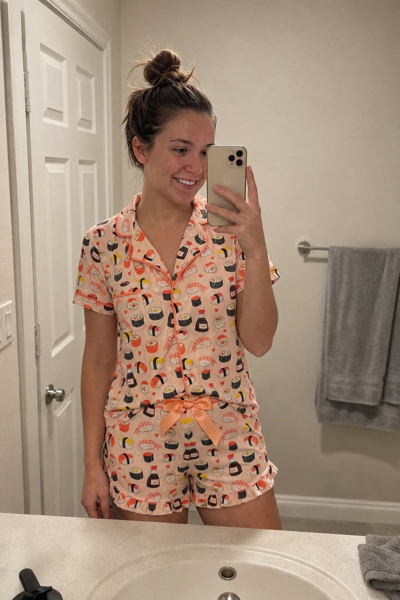 Review photo from Kaitlyn R. wearing the Miso Cozy sushi pajama set