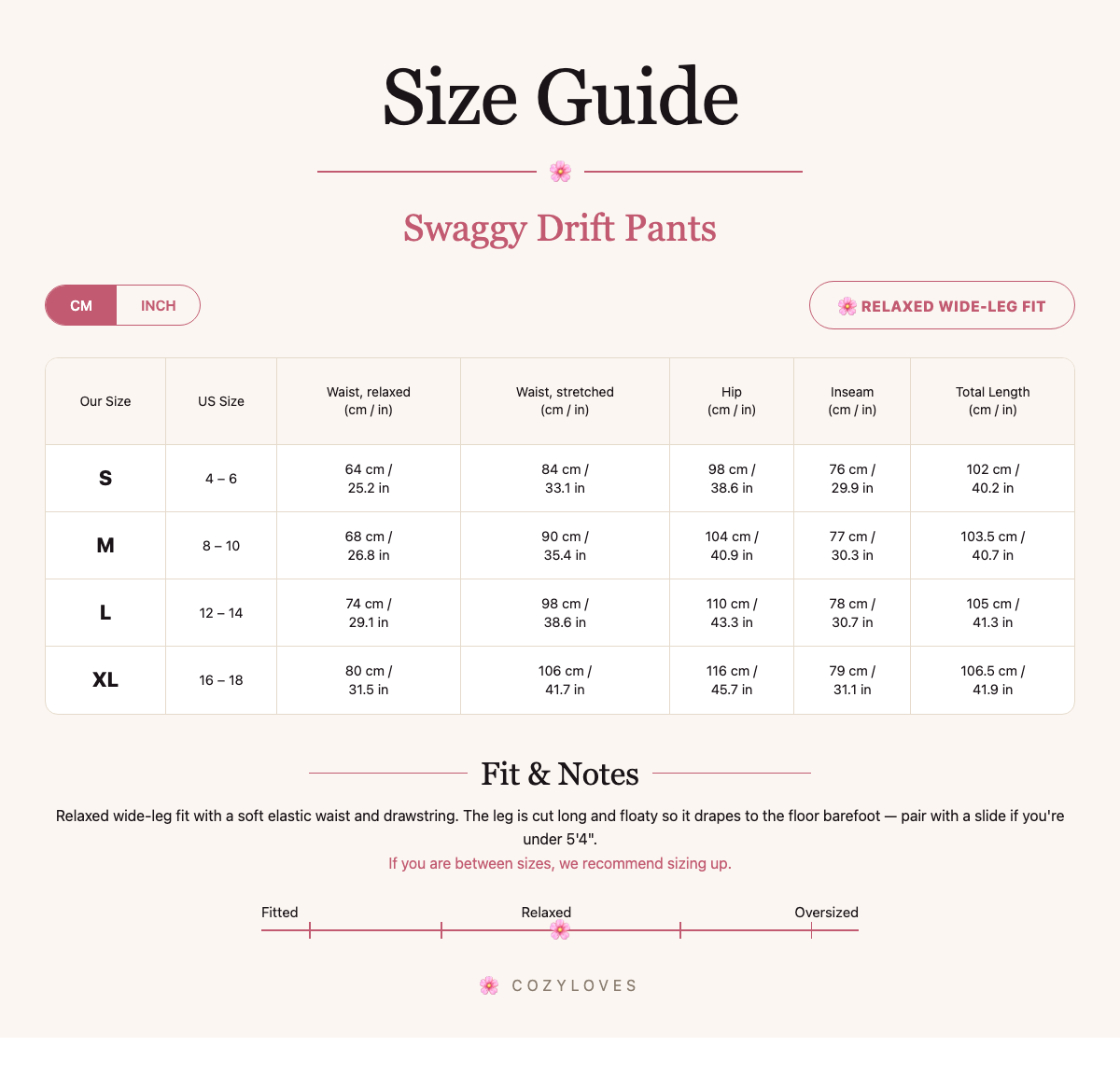 Swaggy Drift Pants size guide
