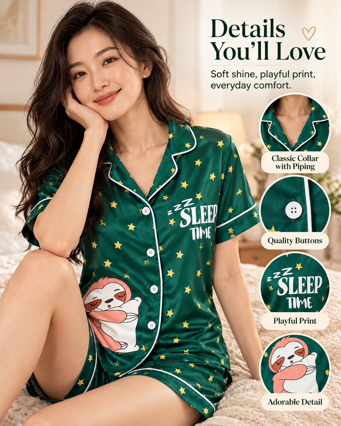 Sleepy Sloth pajama set details: classic collar with piping, quality buttons, playful star and sloth print