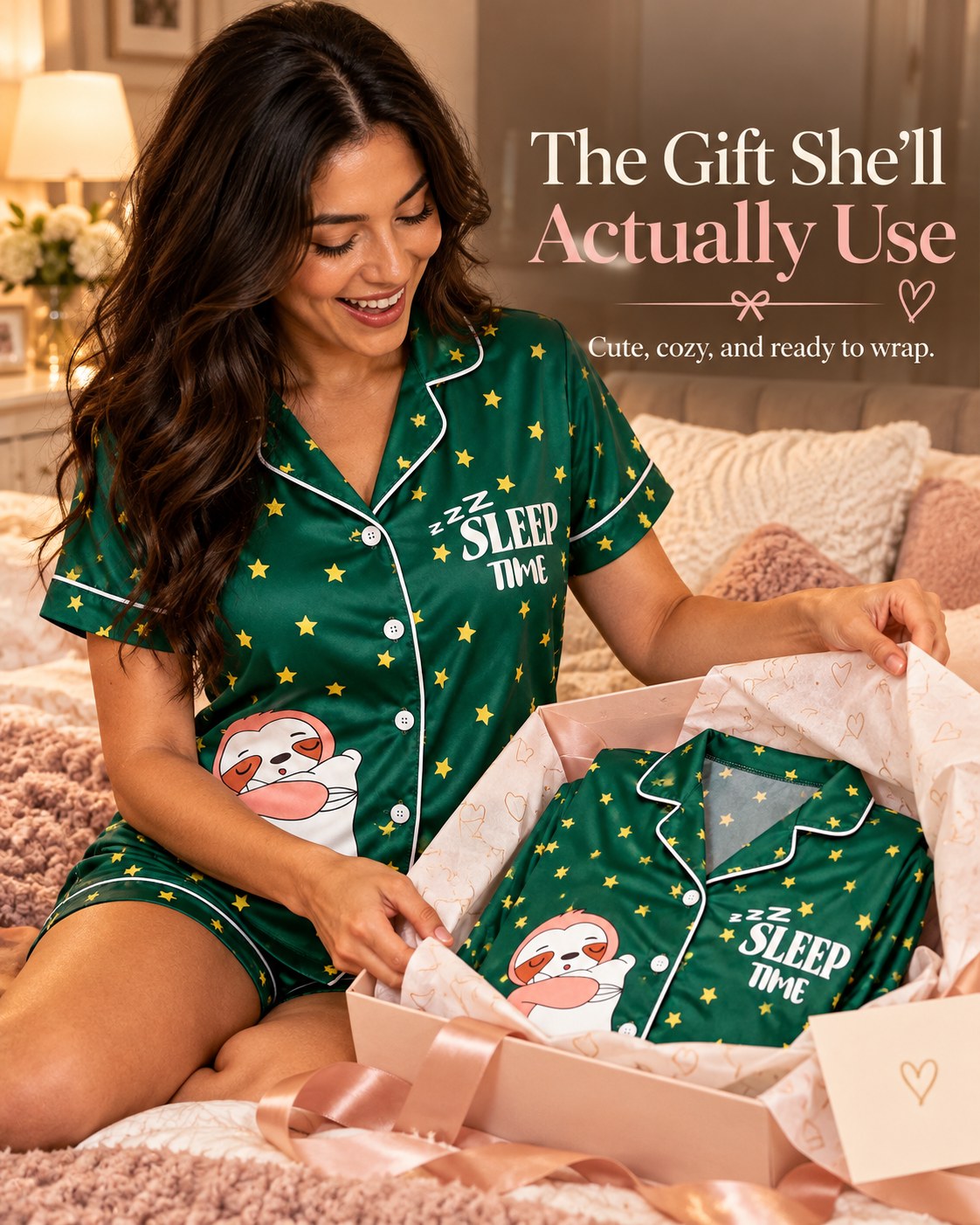 Woman unboxing a Sleepy Sloth pajama set from a gift box with tissue and ribbon